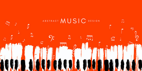Piano concert poster. Music conceptual illustration. Abstract style red background with hand drawn piano keyboard and flying notes. © KsanaGraphica
