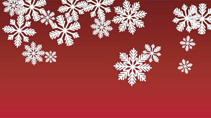 Christmas  Vector Background with Falling Snowflakes. Isolated on Red Background. Realistic Snow Sparkle Pattern. Snowfall Overlay Print. Winter Sky. Papercut Snowflakes.