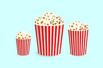 Popcorn with stripped boxes. Vector objects in realistic style. Sweetcorn in paper pack collection.