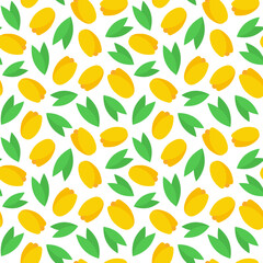 Floral seamless pattern. Vector illustration yellow tulips and green leaves on white background. Textile and packaging paper design.