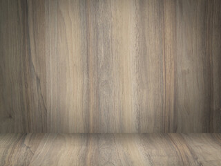 Background and wooden wall, perspective, empty for placing items. Wood texture, natural pattern and dark shadows. Light spaces in the middle of the picture. Natural materials. Retro art style.