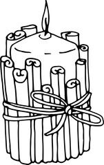 Burning scented candle with vanilla sticks. Hand drawn doodle style, vector illustration. Gift candle for comfort, aromatherapy. xMas decor candle with cinnamon