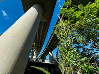 Elevated bridge of a motorway as it passes through the Llobregat river and the city of Martorell in Barcelona Spain
