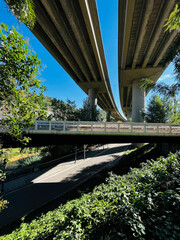 Elevated bridge of a motorway as it passes through the Llobregat river and the city of Martorell in...