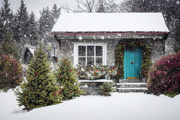 Picture of a beautiful little cottage in winter with christmas decoration - obrazy, fototapety, plakaty