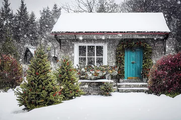 Fotobehang Picture of a beautiful little cottage in winter with christmas decoration © Robert Kneschke
