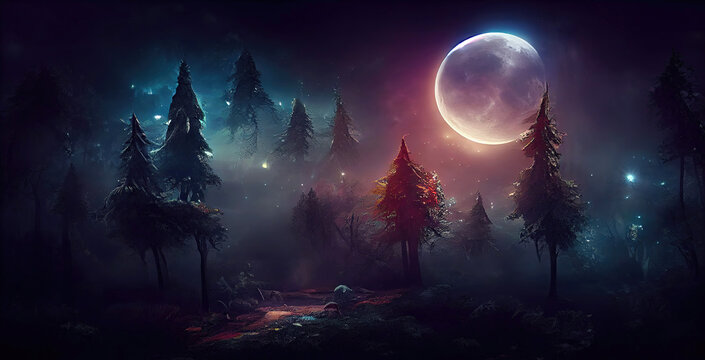 Bright moon over magical dark fairy tale forest at night