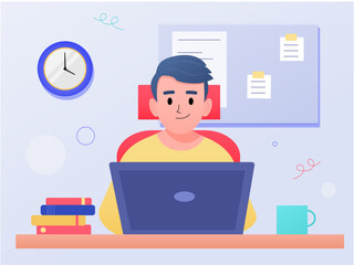 Man working with computer. Concept illustration, working process, management, freelance, office, work from home, business meeting via internet, communication. Bright colorful vector illustration.