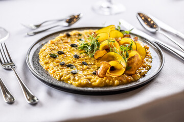 Creatively cooked pumpkin risotto served on a ceremonially prepared table in the hotel restaurant