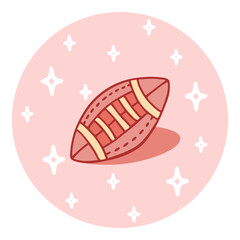 Cute hand-drawn rugby ball in doodle cartoon style. Round composition in neutral candy colors. Kawaii element for card, social media banner, sticker, kids playroom decor. Vector illustration