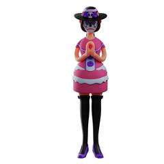   3D illustration. 3D Sugar Skull character cartoon with praying pose. in a standing pose. put on a sad face. 3D Cartoon Character