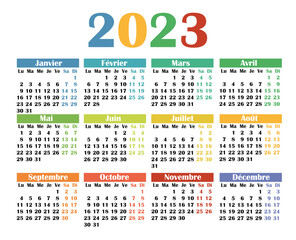 Calendar 2023 in French language. The week starts on Monday. Vector calendar design template. Colorful calendar.