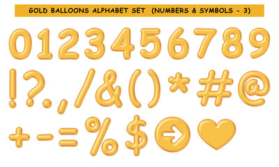 Gold Balloon Alphabet set, uppercase and lower case letters, numbers, punctuation marks, and symbols.