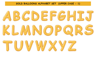 Gold Balloon Alphabet set, uppercase and lower case letters, numbers, punctuation marks, and symbols.