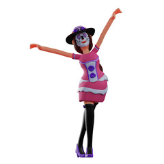 3D illustration. Lovely 3D Sugar Skull character cartoon feels lovely. showing a happy face. with crossed legs and arms raised above. 3D Cartoon Character