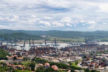 Aerial view of the Panama city skyline with the Balboa port