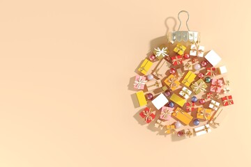 Christmas objects laid out in the shape of a Christmas bauble made from gift box on yellow background. 3D Rendering. Minimal idea Christmas.