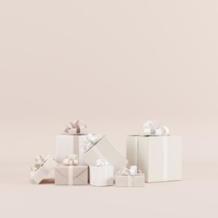 White cream color gift box set on background. 3D render. Minimal Christmas idea concept.