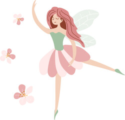 Pink Flower Fairy with flowers. A fairy-tale character. Illustration in hand-drawn style for decoration, postcards
