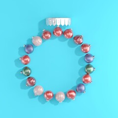 Colorful crystal Ornament Christmas Decoration made Symbol Ornament Shape on blue background. 3D Render. Minimal Christmas concept idea.