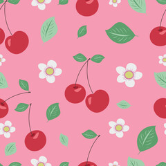 Seamless pattern with red cherry berries on a pink background. Vector illustration.