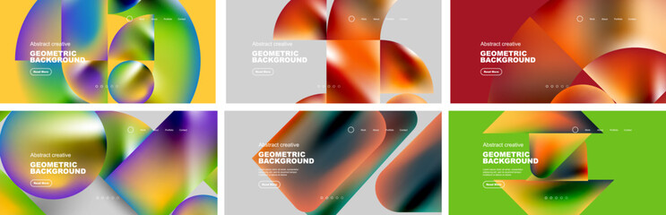 Set of bright geometric abstract backgrounds with fluid colors. Lines, circles and other shapes design for wallpaper, banner, background, landing page, wall art, invitation, prints