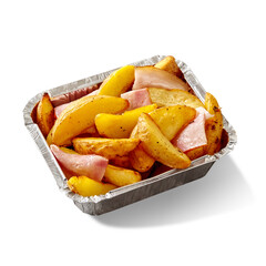 Baked potato wedges with bacon slices in aluminium foil container isolated on white background