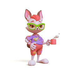 Young funny guy bunny with human body wears clothes red shorts, blue t-shirt, green glasses holds cup of coffee tea in one hand. Smart hare with bangs, black ears. 3d render isolated on white backdrop