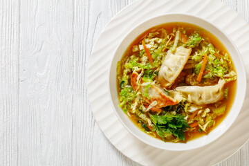 Asian Gyoza Soup in white bowl, top view