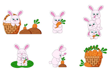 Cute bunnies and colorful carrots	