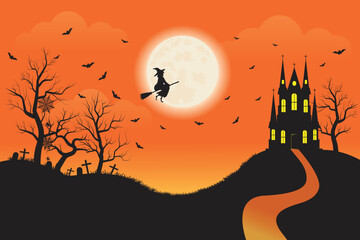 Halloween night Party and dark orange sky background, dark castle on the hill and the moon background,. vector illustration