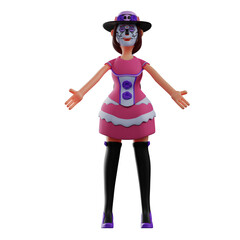 3D illustration. Happy face Sugar Skull 3D Illustration opening its arms wide. with a cute smile and a face full of pictures. 3D Cartoon Character