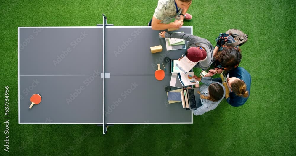 Poster startup business meeting and people with productivity, teamwork and collaboration on table tennis or