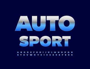 Vector metallic logo Auto Sport. Blue Steel Font. Modern Silver Alphabet Letters and Numbers