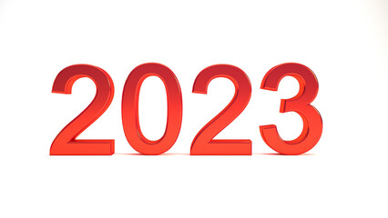 Red 2023 3D text isolated on white background, happy new year backdrop concept 3D render.