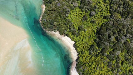 Aerial top view of Abel Tasman National Park, Nelson, South Island, New Zealand