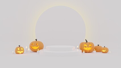3D render minimal podium Halloween concept with pumpkin and candles