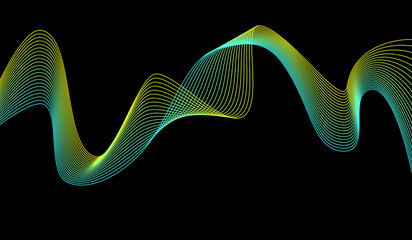 Dark background Black Turquoise Light Yellow wave lines. Flowing waves  Abstract digital equalizer sound wave. Flow. Line Vector illustration for tech futuristic innovation concept background Graphic 