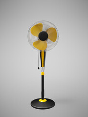 3D illustration of yellow air cooler fan on gray background with shadow
