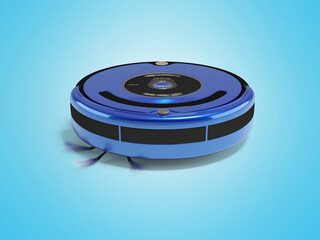 3D illustration of blue robotic vacuum cleaner on blue background with shadow