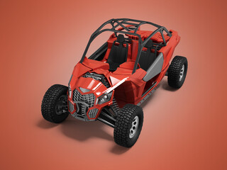 3d illustration perspective view of red rally car on red background with shadow