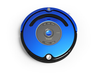 3d illustration blue robotic vacuum cleaner top view on white background with shadow