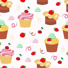 Seamless pattern with cakes and berries.