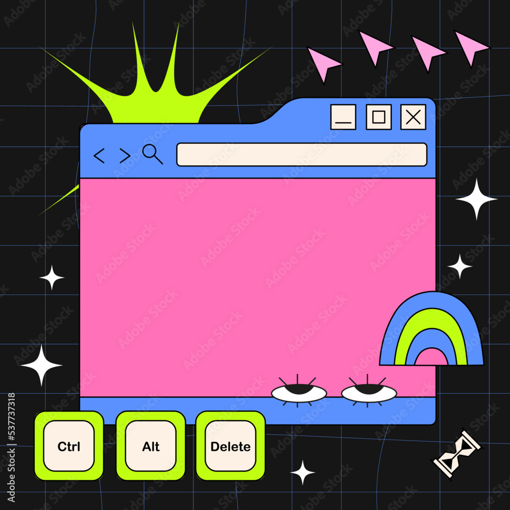 Poster PC window in y2k style. Retro interface of an old computer with a bright color. Copyspace template. Retro wave and vaporwave