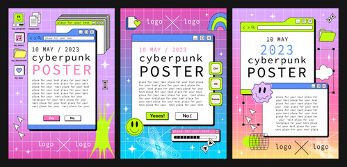 Set of posters with PC windows in the y2k style. Acid Retro interface of an old computer Copyspace template.