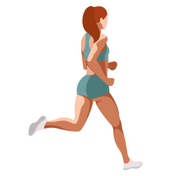 vector image of a beautiful slim girl in a sports uniform (shorts and a sports bra) is engaged in fitness, sports, trains isolated on a white background. the woman is running. morning run. jogging.
