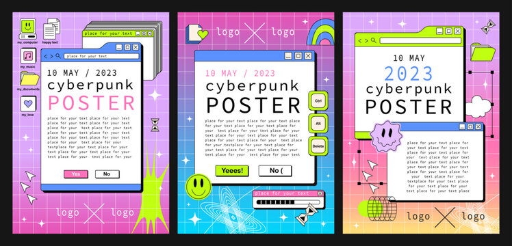 Set of posters with PC windows in the y2k style. Acid Retro interface of an old computer Copyspace template.