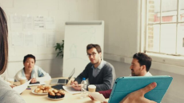 Startup presentation, business people and tablet ppt with question, team collaboration and clients question negotiation. Workshop, training and coaching leader working on digital technology strategy