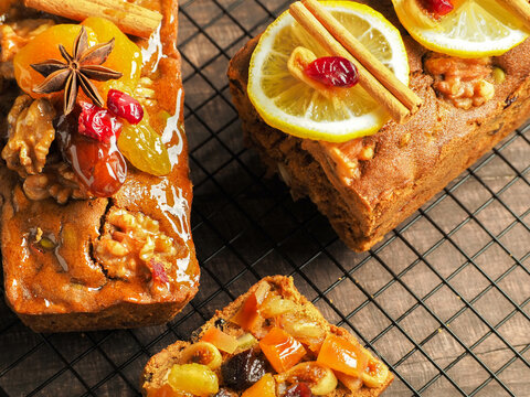 A Home made of fruit cake made with fruit marinated in whiskey.