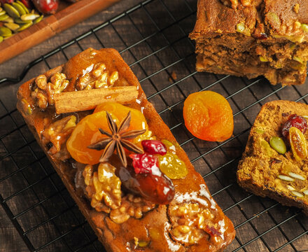 A Home made of fruit cake made with fruit marinated in whiskey.